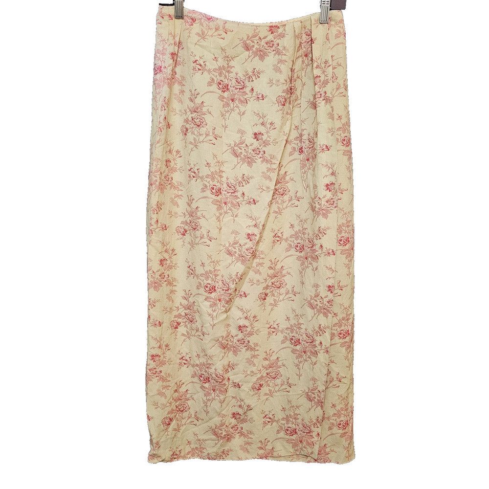 Vtg Cambridge Dry Goods Womens Skirt 10 Linen Midi Floral Wrap Coquette Cottage